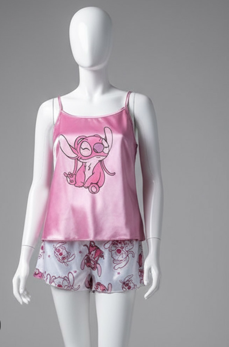 تاپ شورتک ساتن ابریشم طرح Stitch استیچ صورتی سفید