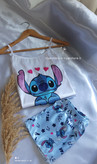 تاپ شورتک ساتن ابریشم 3017طرح استیچ Stitch سفید آبی