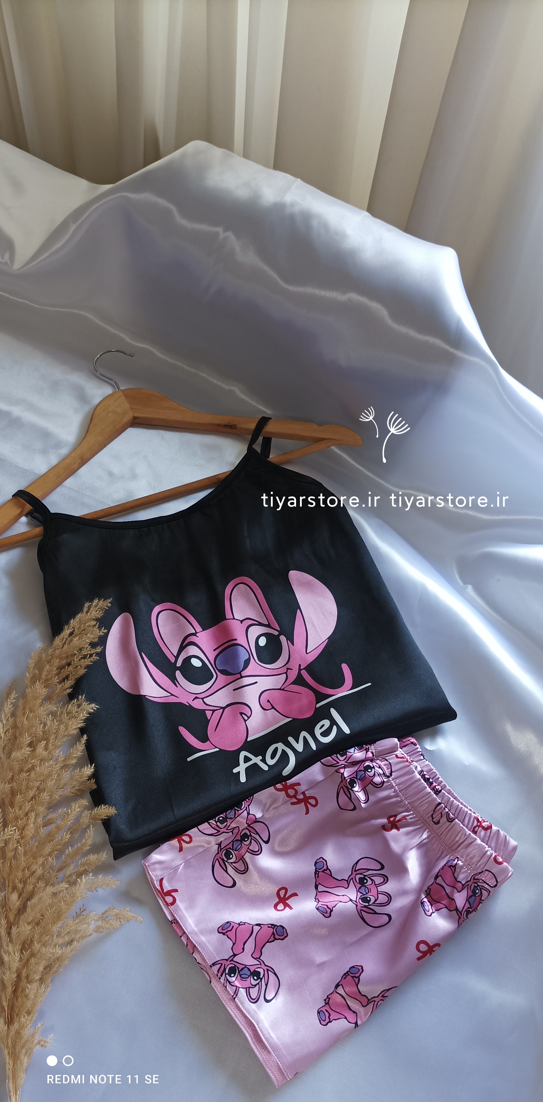 تاپ شورتک ساتن ابریشم 3020طرح استیچstitch مشکی صورتی