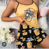 تاپ شورتک ساتن ابریشم کد 3027 طرح تام و جری زرد مشکی