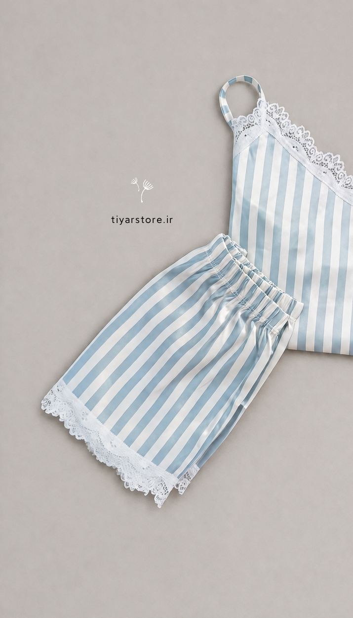 تاپ شورتک ساتن ابریشم 3062راه راه ویکتوریا سکرت آبی پاستلی