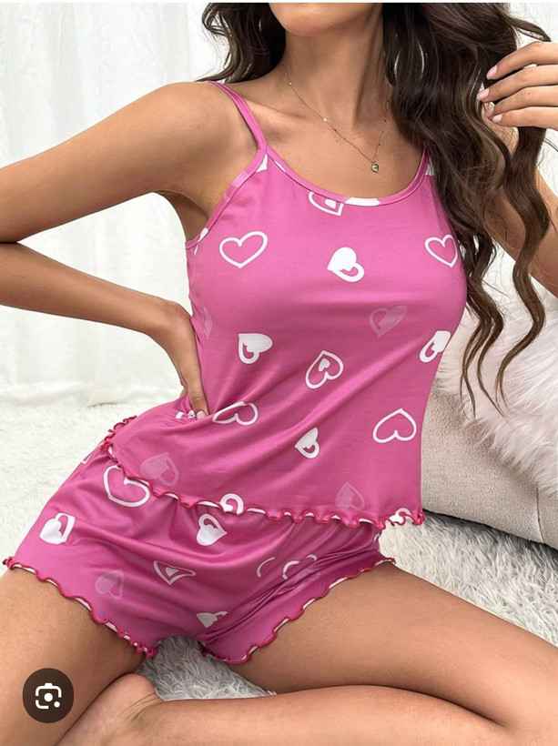 تاپ شورتک ساتن ابریشم 3001 صورتی قلب سفید
